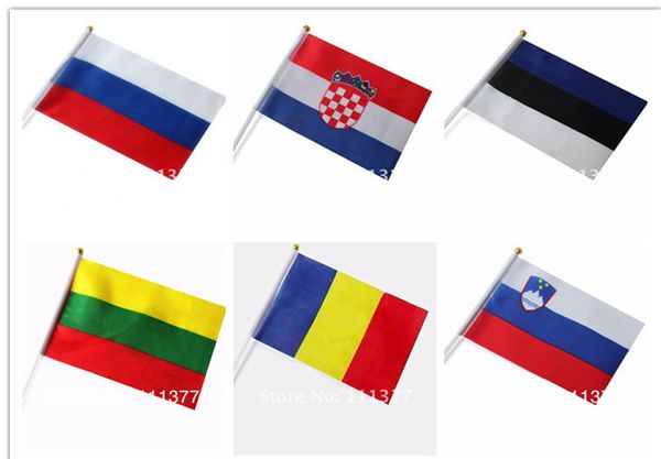 Bannière Drapeaux Drapeaux nationaux en gros Slovénie Croatie Estonie Lituanie Roumanie Drapeaux russes 14 * 21 cm avec poteaux en plastique 230715