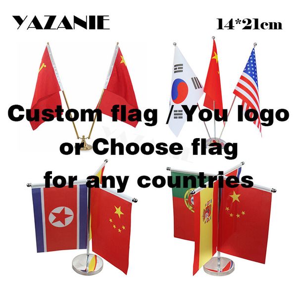 Drapeaux de bannière YAZANIE 14 * 21cm Choisissez 3 ou 4 pays Drapeau de bureau de table avec base en acier inoxydable Support de drapeau de table Drapeaux de pays du monde 230714