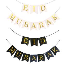Banners Streamers Confetti 10pcs Black Gold Ramadan Eid Mubarak Banner para 2024 Festival islámico musulmán Garland Ramadan Kareem Eid al-Fitr suministros D240528