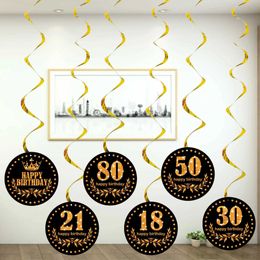 Banners Streamers Confetti 6 PCS Número de tarjeta redonda de oro negro 16 21 30 70 90 Feliz cumpleaños Pendientes de espiral suministros de fiesta de cumpleaños D240528