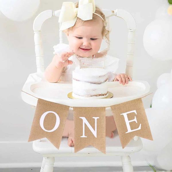 Banners Streamers Confetti Baby First Birthday Chair Banner Burlap One Garland Boy Girl One An anniversaire Party Decoration Favors Photo Props Supplies D240528