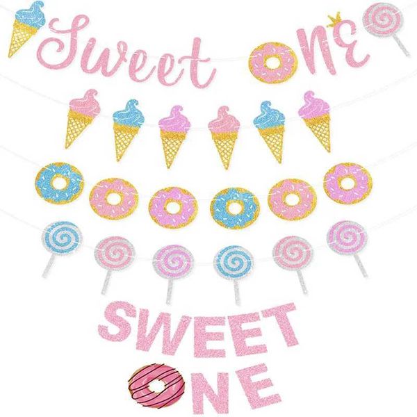 Banners Streamers Confetti Glitter Sweet Donut Thème Banners Candy Bar Sweet One Ice Garland for Baby Shower 1st Girl Birthday Party Decoration D240528