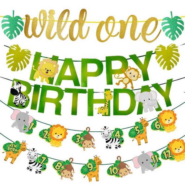 Banners Streamers Confetti Jungle Birthday Party Decor Animal Banner Banner Garland Safari Wild One 1 an bébé Joyeux anniversaire Décoration Fime Fourniture D240528