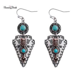 Banny Roze Tribal Turkoois-Stone Dangle Oorbellen voor vrouwen Etnische Metalen Pijl Verklaring Drop Oorbellen Vintage Stone343s