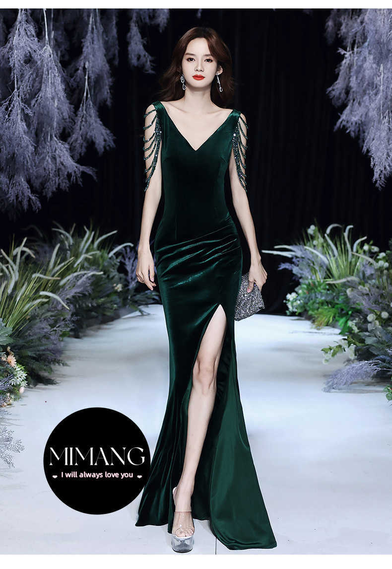 Banquet dark green evening dress for women with high-end velvet light luxury temperament mermaid skirt