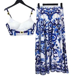 Banulin bohemain porcelana azul y blanca 2 piezas Juego de mujeres Spaghetti Strap Botón de oro Camis Camis Tops Traje de falda larga 240416