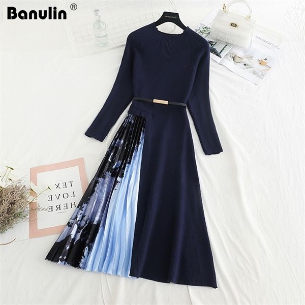 Banulin Fashion Designer Femmes Robe pull à manches longues Automne Hiver Haute Qualité Tricot Couture Imprimé Floral Robe Plissée Y0118