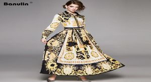 Banulin Runway Designer Women039S Maxi Dress Spring Vintage Barokke bloemenprint Puff Sleeve Sashes Pleated Shirt Jurk 2012046009717