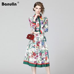 Banulin Primavera Verano Moda Runway Shirt Vestido de manga larga para mujer Casual Floral Stripe Print Plisado Midi Vestido elegante 201204