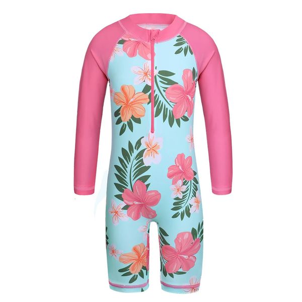 Baohulu cyan floral à manches longues Girls Swimwear un morceau Enfants Saisir des combinaisons UPF50 Enfants 411 ans Rash Gardes 240415