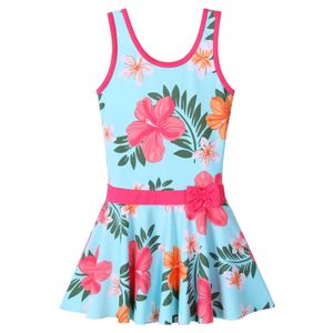 Baohulu Girls Summer Swimsuit Kinderen Mouwloze water Sportkleding Kinderen Cyaan Bloemprint Rashguard Badpak Aankomst 240416