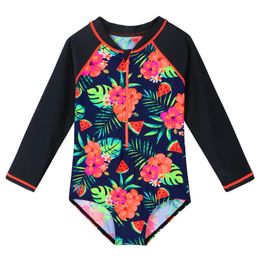 Baohulu One Piece Girls Swimsuit Bloemprint Lange mouw Beachwear Kinderen Water Sport Zwempak Badenkleding 240416