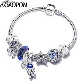 BAOPON 2022 New Silver Color Charm Bracelets Avec Blue Star Moon Perles Pendentif Pour Femmes Espace Série Bijoux Cadeau Dropshipping L230704