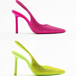 Baotou hembra 2022 sandalias nuevas stiletto rojo de verano puntiagudo de tacones altos dhinestone brillantes zapatos solteros mujeres SANDA 9A76