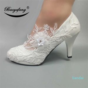 Baoyafang blanc fleur pompes arrivée femmes chaussures de mariage mariée talons hauts plate-forme pour femme dames robe de soirée 211228