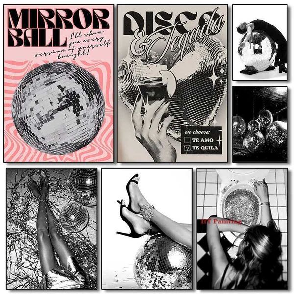 Bar dans les années 1970 inspirant disco miroir boule imprime affiches rétro toile peinture mural images art maison bar club cadeaux décoratifs j240505