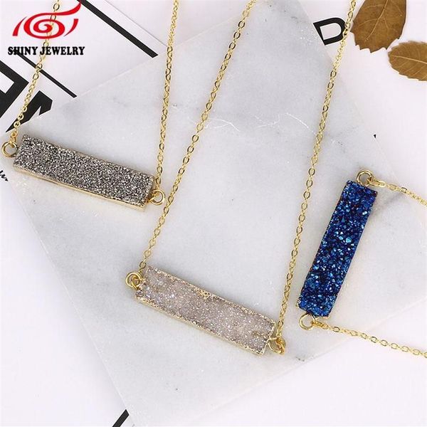 Bar Stone Natural Blue Purple Quartz Druzy Crystal Collier Agate Rectangle Pendant Gold Plated Chain Collier Christmas Gift253K
