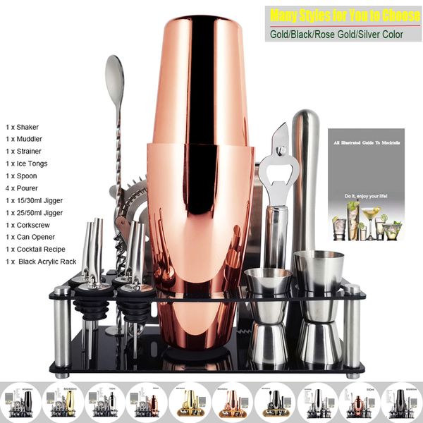 Bar Tools 1-14 Pcsset 600ml 750ml Coctelera de acero inoxidable Mezclador Bebida Bartender Browser Kit Barras Set Herramientas con soporte para estante de vino 230628