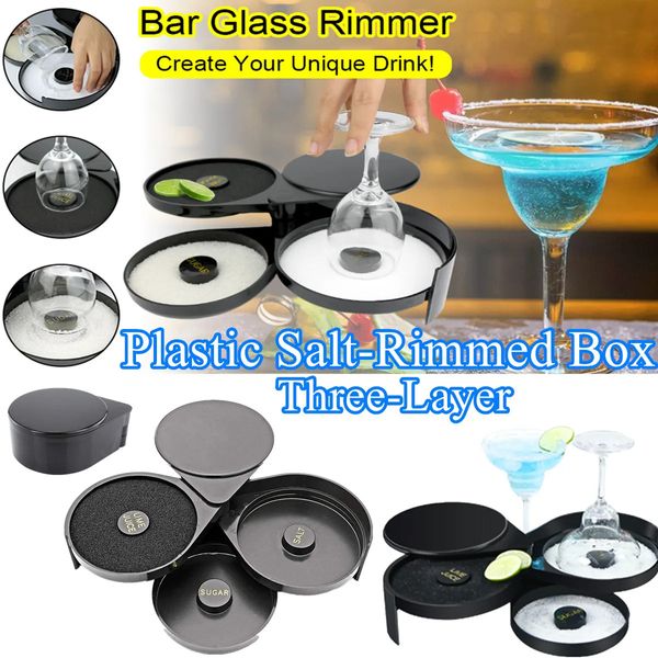 Outils de bar Boîte de rimmer d'assaisonnement de jus de barre à 3 niveaux cerclage de verre en plastique noir pour cocktails outil de barman rimmer de sel de sucre pour la fête de bar 231124