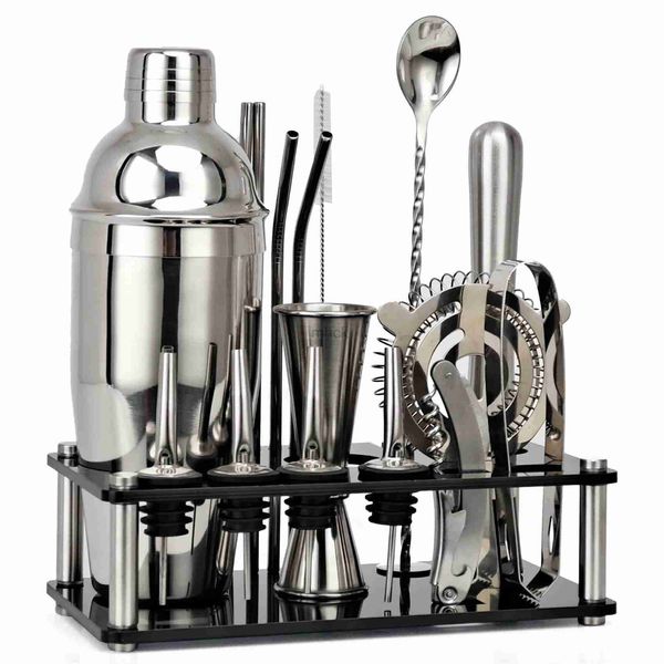 Outils de bar 550 ml/750 ml en acier inoxydable Cocktail Shaker mélangeur boisson barman Kit barres ensemble outils avec support de casier à vin outil pour cadeau d'anniversaire 240322