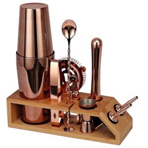 Bar Tools Kit de barman ensemble de shaker à cocktail en or rose de 10 pièces avec support en bambou trapézoïdal pour boissons mélangées Martini Home Bar Tools 231124