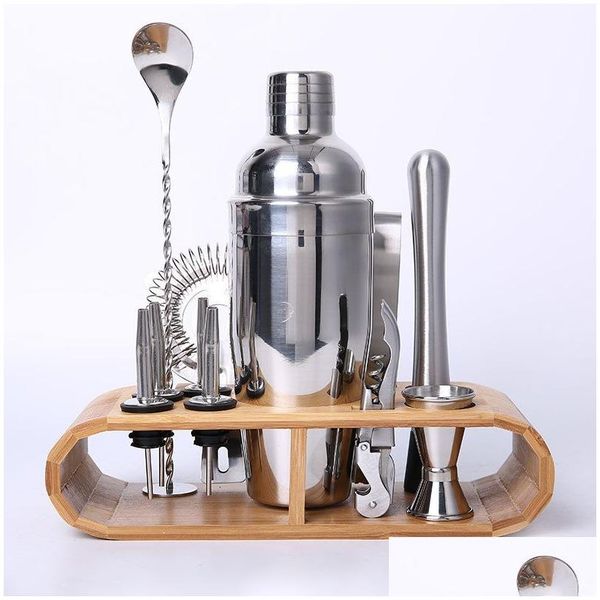 Outils de bar Kit de barman Ensemble de shaker à cocktail Shakers de barman Outil de bar en acier inoxydable de 12 pièces avec support en bambou élégant C19041701 D Dh6Os