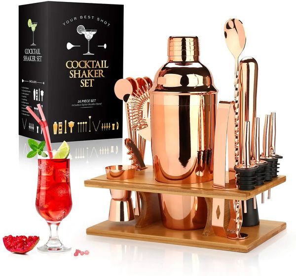 Outils de bar Cocktail Shaker faisant ensemble 16 pièces Kit de barman pour mélangeur vin Martini outils de barre en acier inoxydable maison boisson accessoires de fête 231117