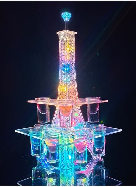 Herramientas de bar Colorido LED Luminoso Cristal Torre Eiffel Cóctel Portavasos Stand Bar Nightclub S Glass Glorifier Display Rack Disco Decor 230920