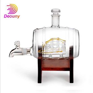 Outils de bar DEOUNY Glass Barrel Whisky Decanter Distributeur de liqueur nautique Carafe de bière sans plomb pour la décoration de Brandy de rhum Bourbon 1000 ml 240322