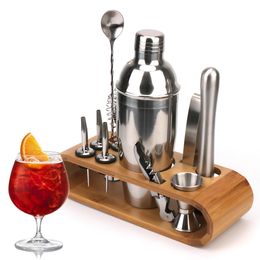 Outils de bar Support de stockage en bois en acier inoxydable Cocktail Shaker Set Jigger Cuillère à mélanger Tong Bars Boissons mélangées Outils de barman Outils de cocktail 221121