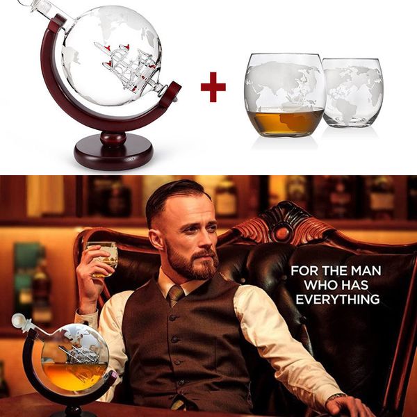 Outils de bar Carafe à whisky Globe Aérateur de vin Ensemble de verre Crâne de voilier à l'intérieur du cristal avec support en bois fin Liqueur pour vodka 230627
