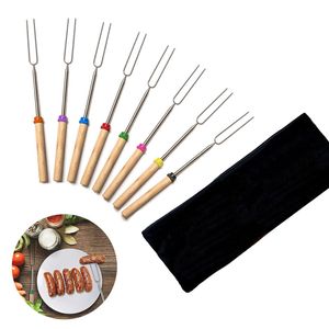 Barbecue Bonfire Camping Gereedschap Bak Vork Forks Sticks Needle Spit Too BBQ Braadstuk Rvs Vork Houten Handvat 8pcs / Set