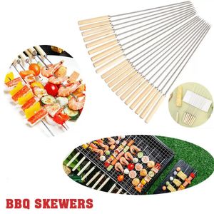 Brocheta para barbacoa, mango de madera, brochetas de acero inoxidable, para acampar al aire libre, cocina, herramientas para barbacoa, palos planos para barbacoa