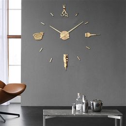 Tijeras de barbero, salón de belleza, bricolaje, arte de pared, reloj gigante, aguja grande, sin marco, barbería, peluquería, reloj grande 2103252511