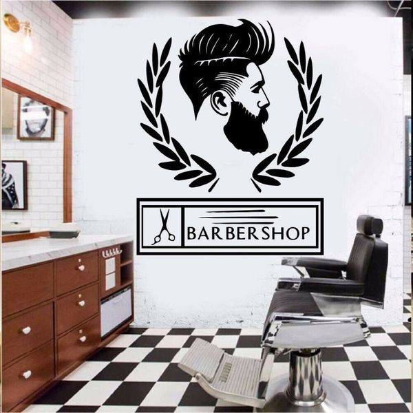 Pegatinas de vinilo para puerta de decoración de barbería, diseño de cabello para hombres, decoración de salón de belleza, calcomanías de pared, carteles de moda, Wallpaper332U