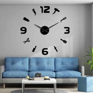 Kapper Winkel Giant DIY Wandklok Spiegel Surface Barber Toolkits Decoratieve Muur Horloge Kapper Cadeau Schoonheidssalon Wall Art G220422