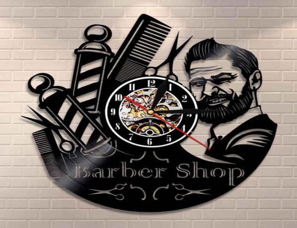 Barber Shop Sign Clock Corloge Barbes Pole Record Mur Horloge de coiffure Styliste Hair Tools Ciseaux Ciseaux Barber Shop Offre Y2001093234981