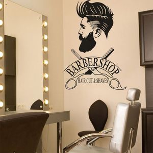 Salon de coiffure fenêtre décalcomanie Hipster homme autocollant Mural Salon de coiffure ciseaux peintures murales rasage et coupe de cheveux Logo fenêtre murale