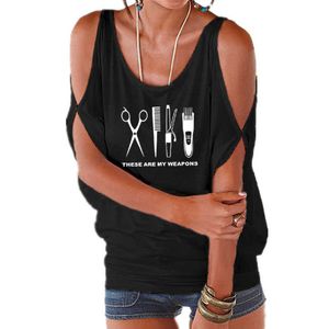 Camiseta de barbero para mujer, camiseta con arma de peluquería y cuello redondo, camisetas de tijeras para mujer, camisetas sexis con hombros descubiertos para chica con alas de murciélago, camisetas con cordones X0628