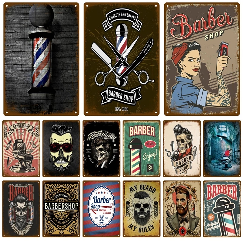 BarberPro Retro Tin Sign: Vintage Wall Art for Aesthetic Living Room & Home Decor, Cut Hair Painting Plaque with Artistic Design & Stylish Appeal.