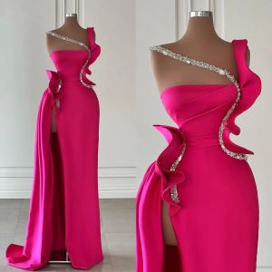 Barbie roze zeemeermin avondjurken elegante ruches strass-bandjes galajurk kralen satijnen jurken voor speciale gelegenheden split sweep train robe de soiree