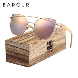 BARCUR lunettes de soleil œil de chat en bambou polarisées monture en métal lunettes en bois dame luxe mode lunettes de soleil avec boîte gratuite 240104