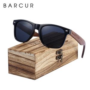 Barcur zwarte walnoot houten zonnebril voor man gepolariseerd hoogwaardige sqare sqare zonnebrillen mannen UV400 brillen accessoire originele doos 240426