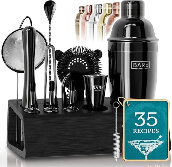 BARE BARREL Kit de barman de mixologie Ensemble de bar Ensemble de shaker à cocktail de 14 pièces Outils de mélange d'ustensiles de bar professionnels pour le barman à domicile Incl.Coffret cadeau 35 fiches recettes