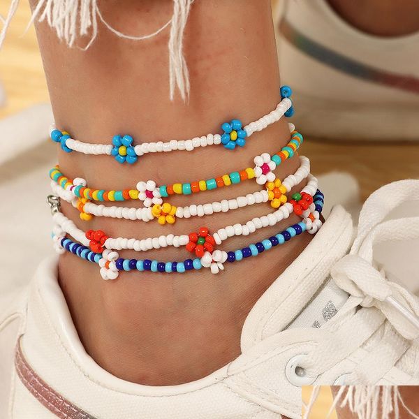 Sandales aux pieds nus 2021 nouveau mignon fleur Daidy perle bracelet de cheville pour les femmes bohème Colorf à la main élastique Strech bijoux cadeau goutte Dhy3O