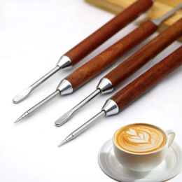 Barista en acier en acier inoxydable outil d'aiguilles en acier à deux fins d'art latte avec poignée en bois pour le bricolage de café décorhj5.16
