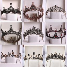 Barokke zwarte kristal ronde bruids tiaras kronen Pageant prom Diadeem Rhinestone Veil Tiara hoofdband bruiloft haaraccessoires