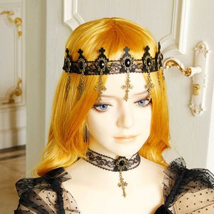 Barokke zwarte kanten hoofdband houtskool edelsteen bronzen kruis vampier kanten hoofdbanden donkere gotische lolita haaraccessoires