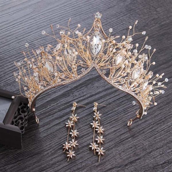 Couronne d'or en cristal baroque pour filles, accessoires de cheveux de mariage, gemmes, diadème de mariée, vêtements de coiffure pour femmes, tête de princesse, pièce de bijoux T250b