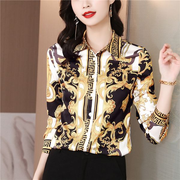 Baroque Floral Vintage Shirt for Women Long Long Luxury Designer Silk Satin Bouton Up Blouses 2023 AUTUMNE HIVER LAPEL BLAQUE BOISSE BUREAUD
